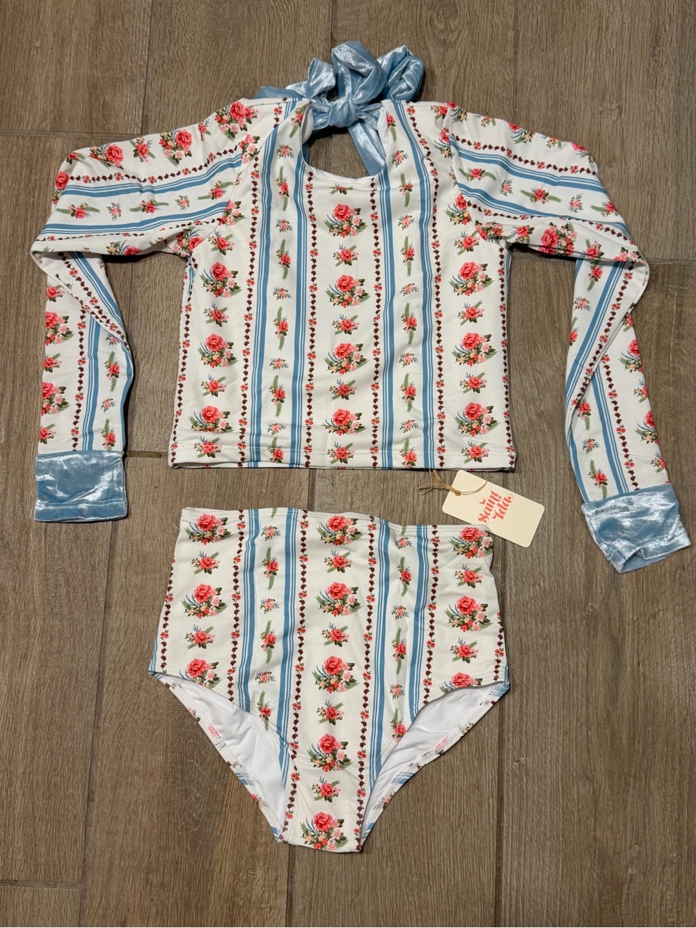 Floral Stripe Long-Sleeve Rash Guard Set - Blue & White